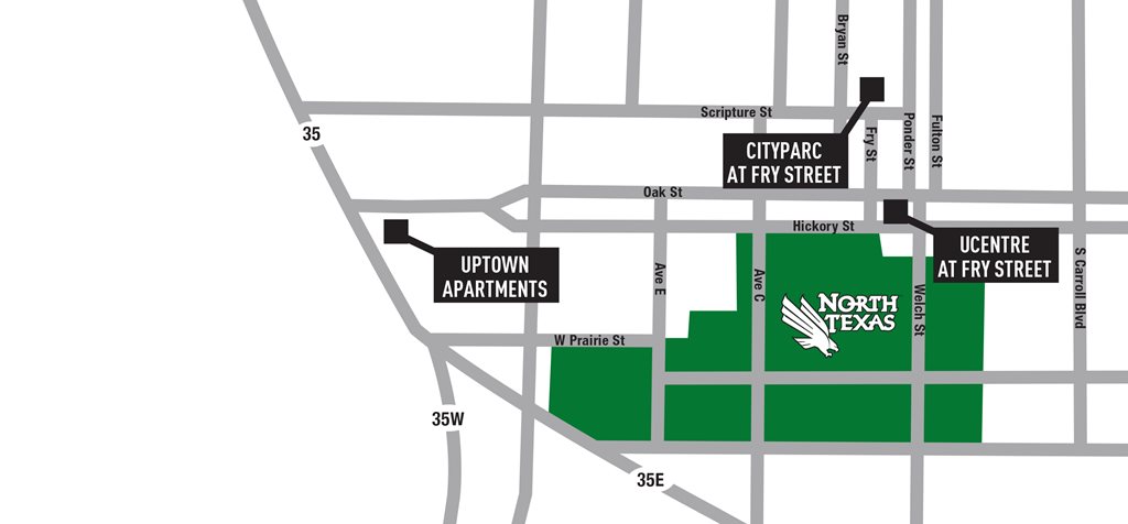 Map of Denton Student Apartments near UNT & TWU. Uptown Apartments, Cityparc at Fry Street, UCentre at Fry Street.