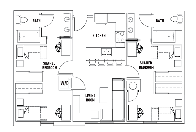 2 Bed - 2 Bath Shared Bedroom