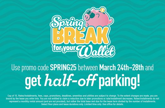 Spring Break Flash Sale. Use promo code SPRING25 3/24 - 3/28 and save with half-off parking