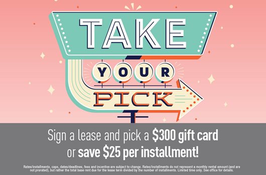 Sign a lease and pick a $300 gift card or save $25 per installment!