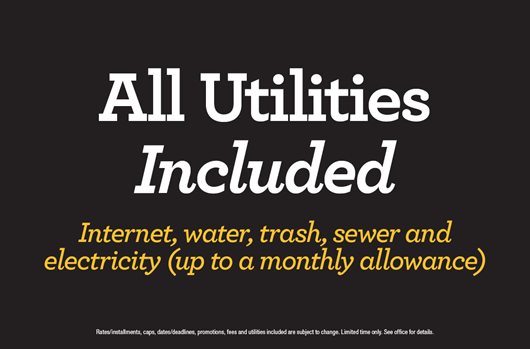 All utilities included: Internet, water, trash, sewer and electricity (up to a monthly allowance)