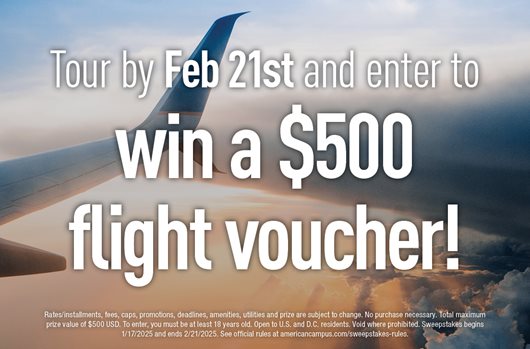 Tour by Feb 21st and enter to win a $500 flight voucher!