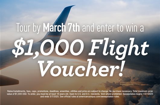 Tour by March 7th and enter to win a $500 flight voucher