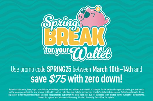 Spring Break for your wallet! | Use promo code SPRING25 between March 10th-14th and save $75 with zero down! 